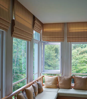 brown roman blind shade curtain tree forest mountain background living room